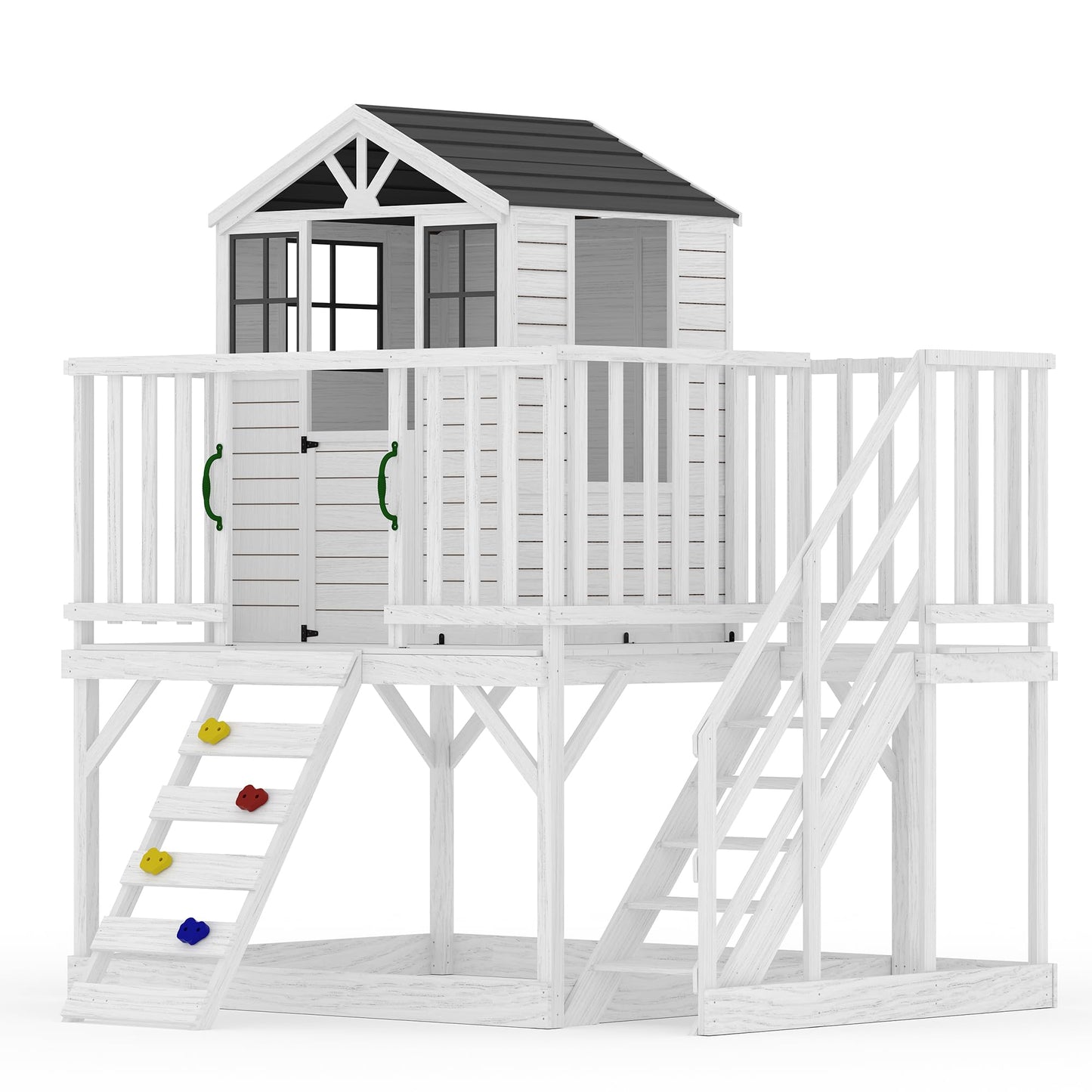 GarveeLife Outdoor Wooden Playhouse with Climbing Wall, 2 Story Wooden Playhouse with Step Ladder, Elevated Modern Cedar Playhouses Kids