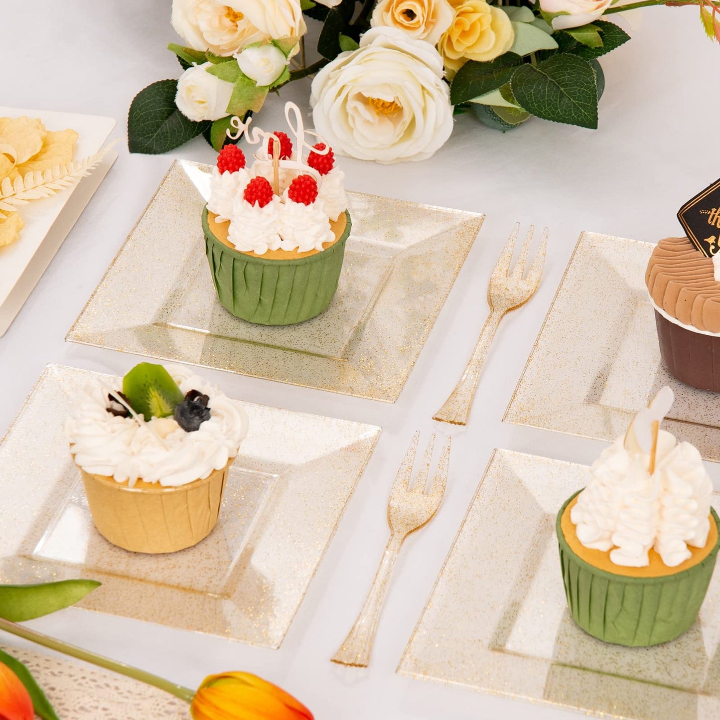 DaYammi 200Pcs Gold Dessert Plates Including 100Pcs Appetizer Plates 6",100Pcs Plastic Forks 5.7",Gold Glitter Plastic Square Plate for Party,Gold Salad Plate and Cake Forks for Party Wedding