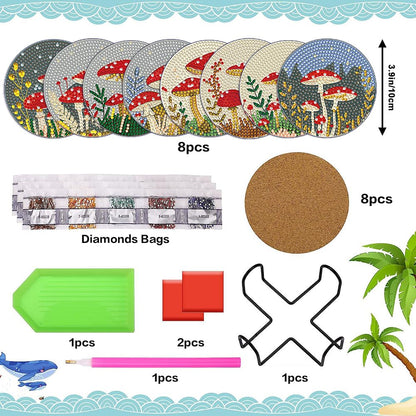 PERFECTSIGHT 8 Pcs DIY Diamond Art Painting Coasters with Holder, Cute Diamond Paint Coaster Kits for Adults, Kawaii Full Drill Diamond Art Craft Paint by Number Non Slip Coaster - Beige Mushroom