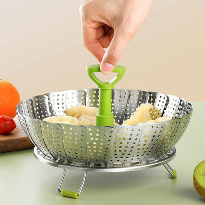 Sihuuu Folding Stainless Steel Steamer Basket (7-11 Inches) with Heat Resistant Handle - Ideal for Cooking Seafood, Vegetables, Fruits - Expandable and Easy to Clean - Dishwasher Safe