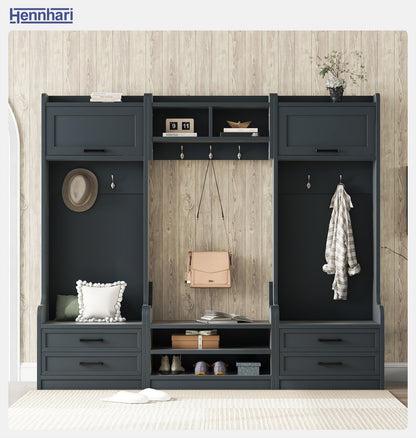 Hennhari 4-in-1 Detachable Entryway Hall Tree with Shoe Storage Bench, Mudroom Coat Rack with Drawers, Open Shelves and Hooks, Entryway Storage Cabinet for Hallway, Foyer (Antique Blue)