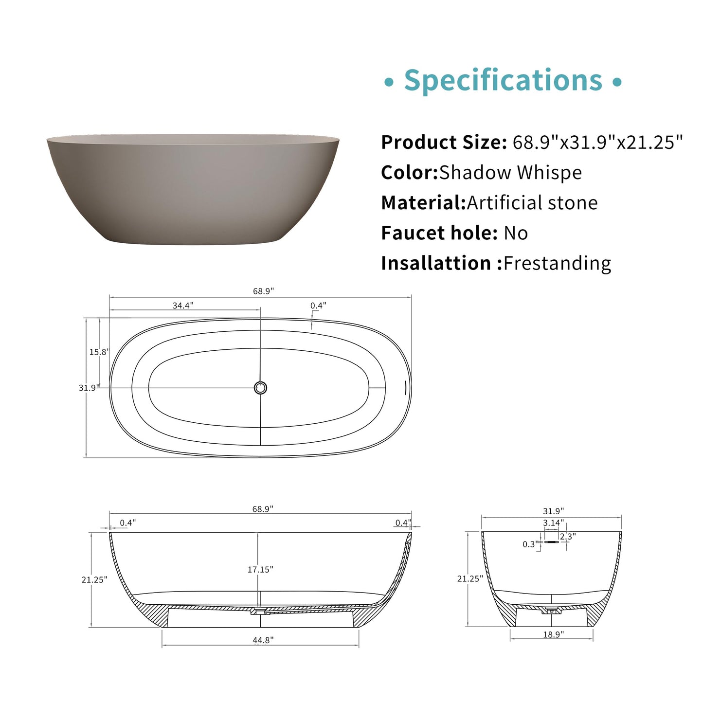 KEIKI 69" Freestanding Bathtub, Resin Stone Soaking Bathtub Solid Surface Modern Tubs with Overflow and Pop-up Drain, Beige