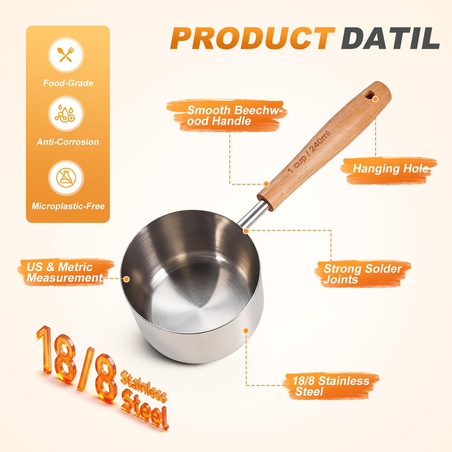 TREMENDRY 1PCS 2Cup(480ml | 16oz) Dog Cat Food Scoop, 18/8(304) Stainless Steel Measuring Cup with Wooden Handle, Etched Measurements Inside, BPA Free Portion Control for Pets & Kitchen Use