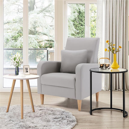 COLAMY Faux Leather Accent Living Room Chairs Set of 2, Upholstered Arm Chair Reading Side Chair, Single Sofa with Back Pillow and Wood Legs, Light Grey