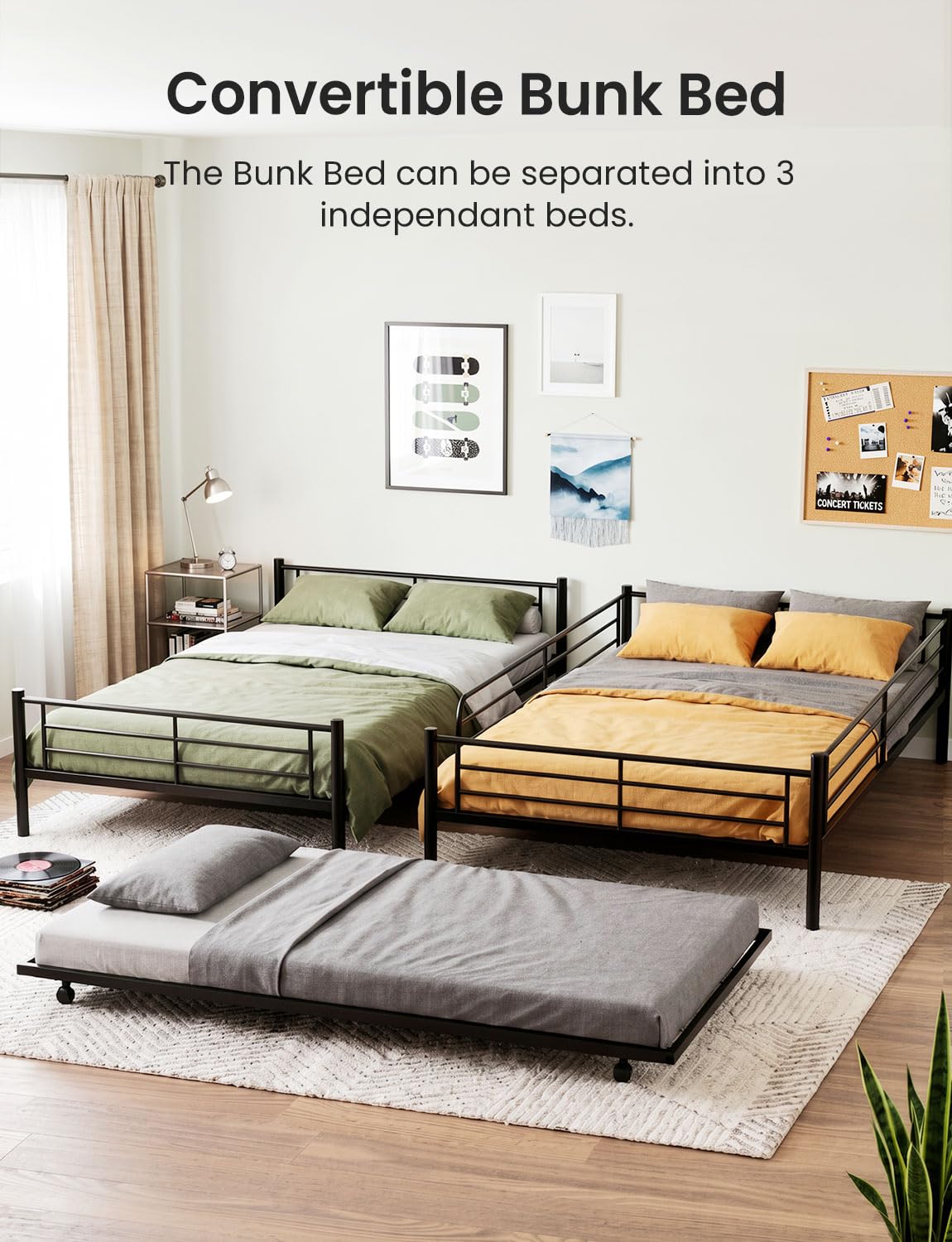 Mixcous Full Over Full Bunk Bed with Trundle, Heavy Duty Metal Bed Frame with Full-Length Guardrails & Ladder, 3-in-1 Convertible Full Bunk Bed, Noise-Free, No Box Spring Needed, Black