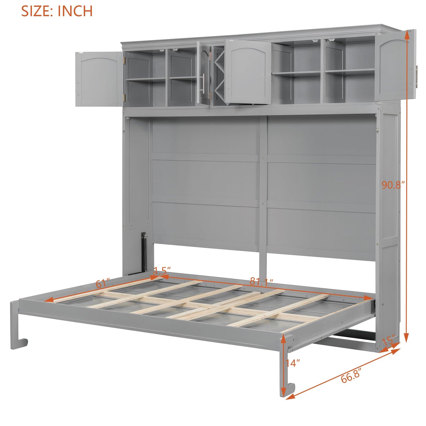 Murphy Bed Queen Size,Murphy Bed with Top Cabinets & Wine Rack,Space-Saving Hideaway Wall Foldable Bed w/Dual Piston Metal Folding Mechanism,Bedroom Folding Bedframe for Guest Room,Gray