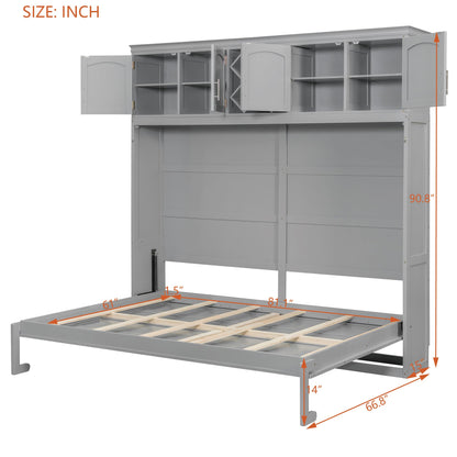 Murphy Bed Queen Size,Murphy Bed with Top Cabinets & Wine Rack,Space-Saving Hideaway Wall Foldable Bed w/Dual Piston Metal Folding Mechanism,Bedroom Folding Bedframe for Guest Room,Gray