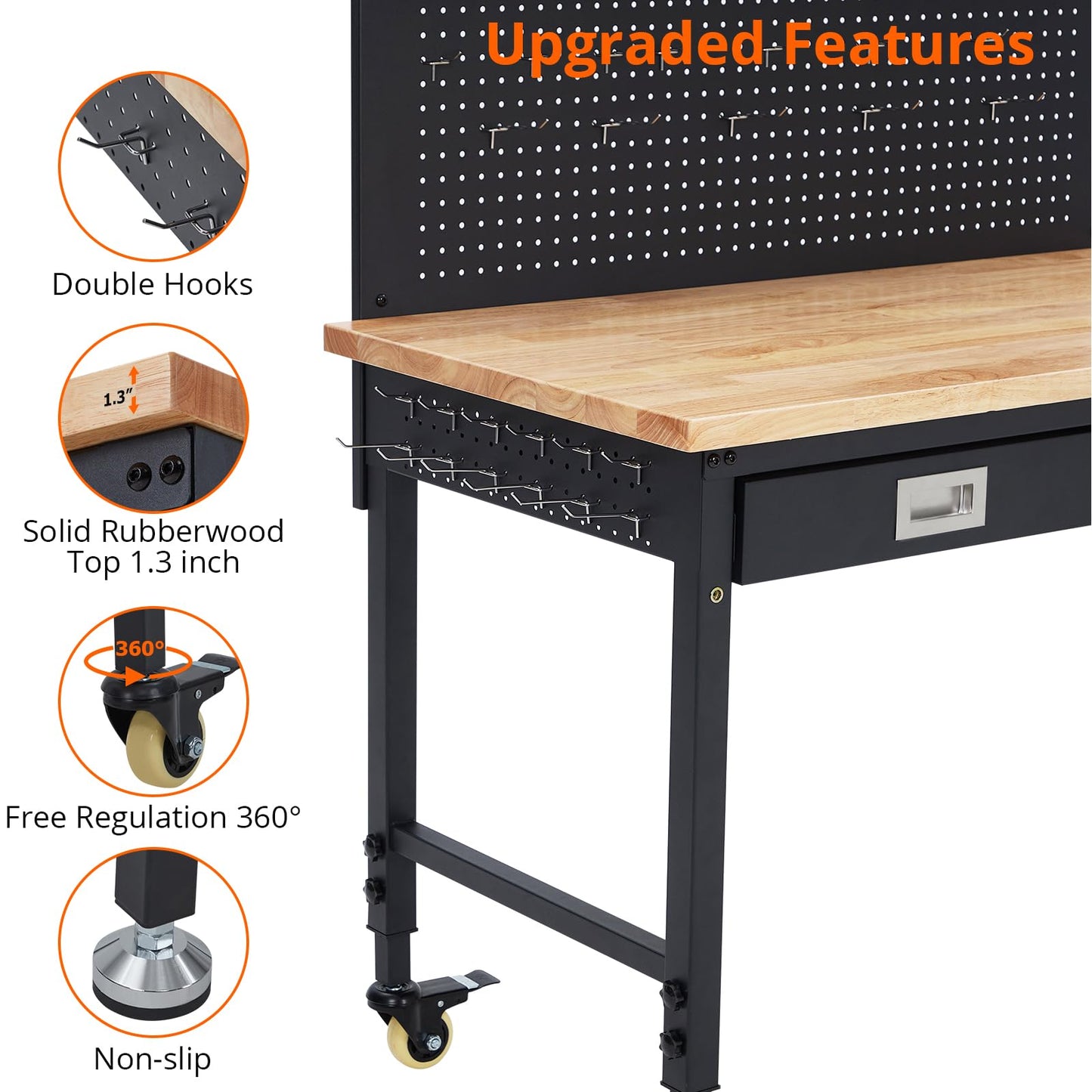 ACONEE 48" Workbench Heavy Duty, Adjustable Height Workstation with Drawer Storage, Backplate, 2000 LB Load Capacity, Multipurpose Rubber Wood Shop Table with Power Outlets, Hooks, Garage Storage