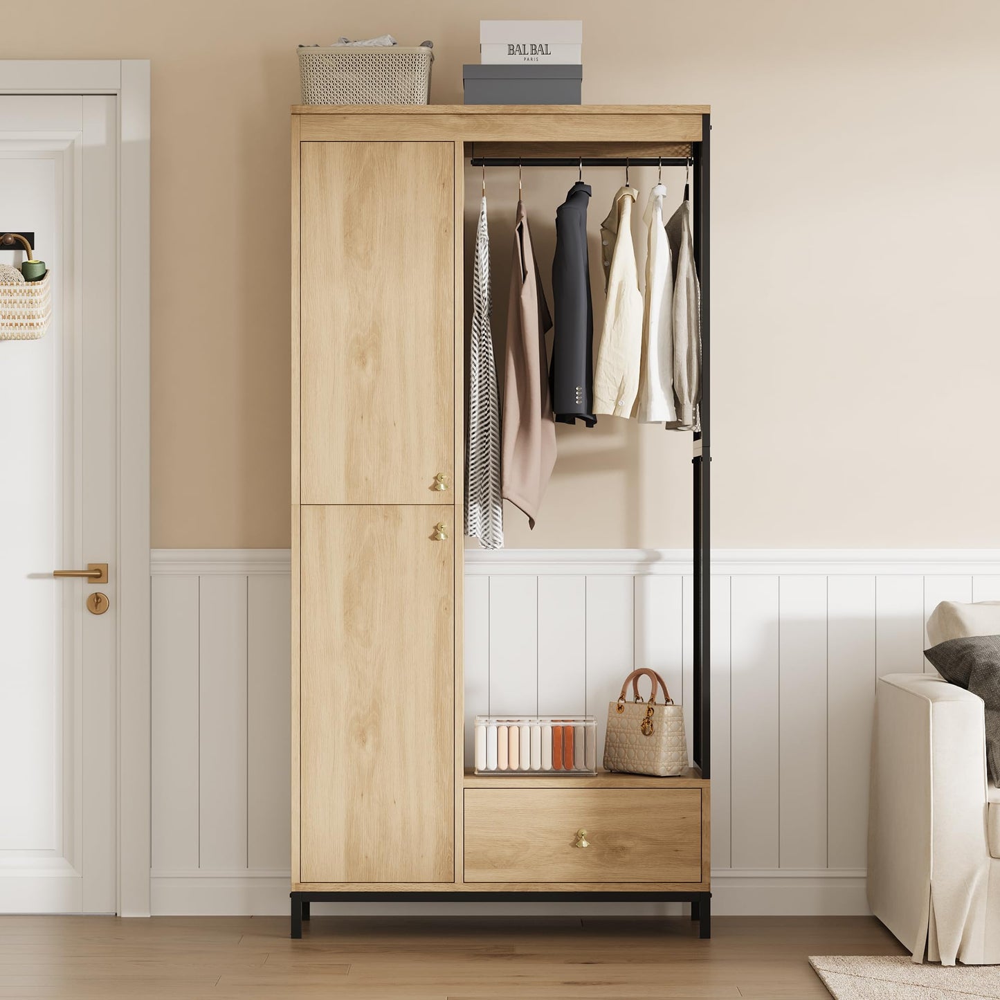 Modern Armoire Wardrobe Closet, Wood and Metal Frame Clothes Storage Organizer with Double Closed Doors, Open Hanging Rod, Bottom Drawer, Freestanding Bedroom Furniture for Small Spaces, Natural Oak