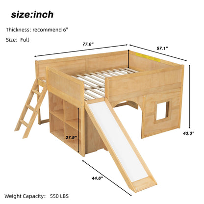Merax Full Size Loft Bed with Slide & Stairs, Low Loft Bed for Kids, Solid Wood Bed Frame with Storage Shelve, Guard Rails, Slat Support & Under-Bed Play Space, No Box Spring Needed, Natural