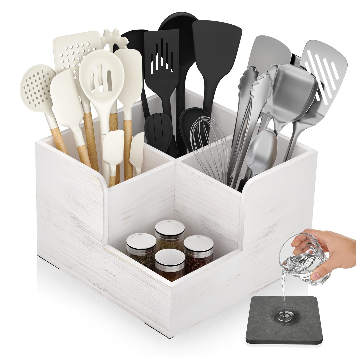 Yofidra Kitchen Utensil Holder with Stone Drying Mats, 4 Compartments Corner Utensil Holder for Kitchen Countertop, Extra Large Silverware Organizer (White)