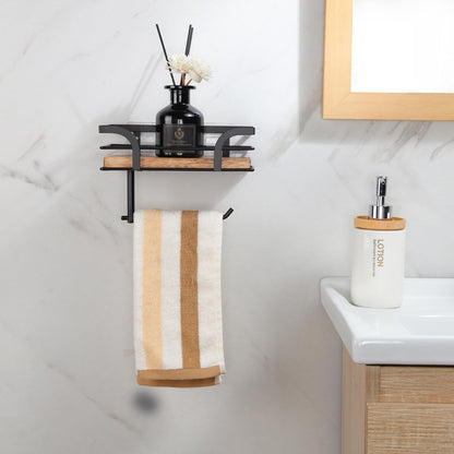 AIDILI Rustic Farmhouse Toilet Paper Holder with Shelf - Farmhouse Bathroom Rustic Country Decor - Rustic Bathroom Accessories with Warm Brown Wood Shelf for Wipes&Cell Phone&Reading, Black Metal