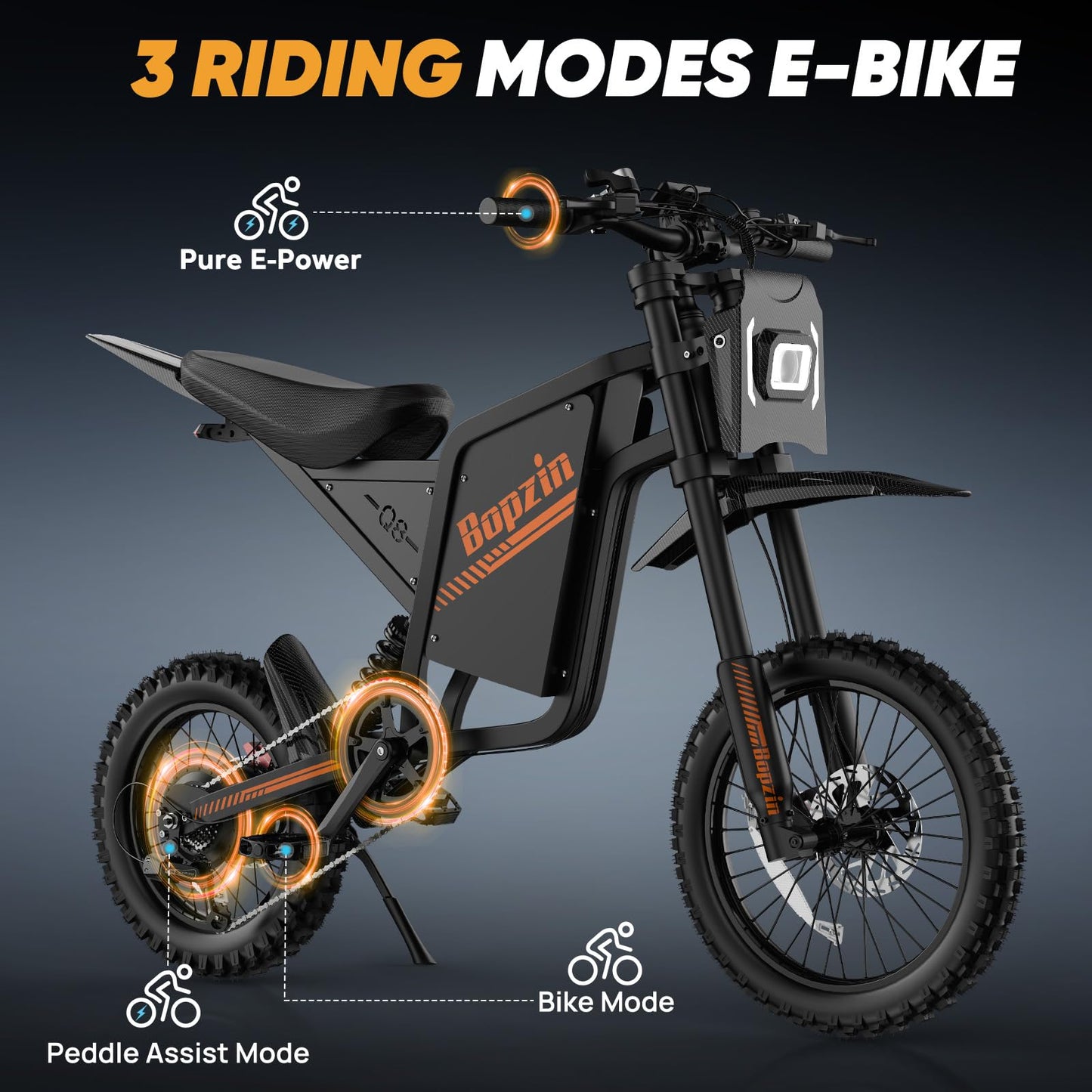 Bopzin Electric Dirt Bike for Teens & Adults - Peak 2600W 38MPH, 14"/12" Tires Agile Off-Road eMotorcycle, 60V 23AH 100+ Miles Range eBike, Full Suspension & Hydraulic Brakes, UL2849 Certified