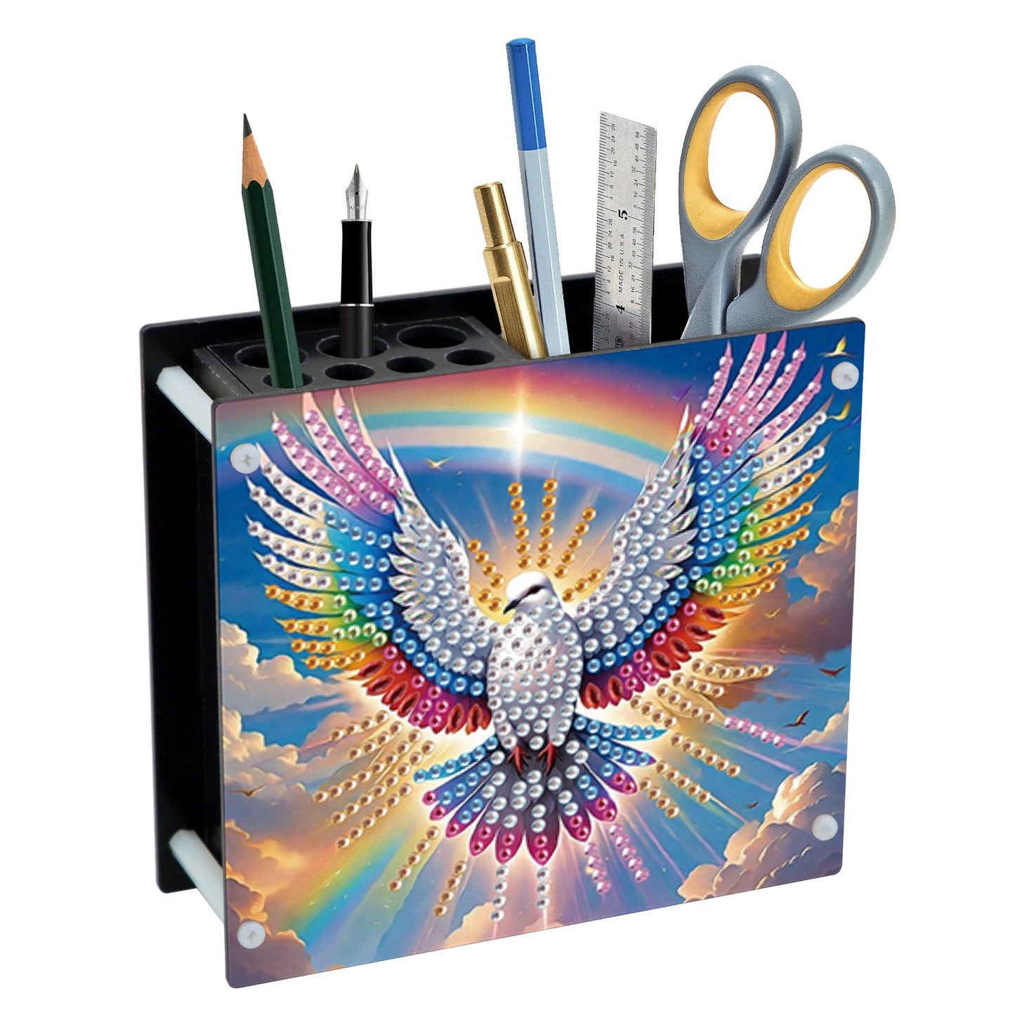 DIY 5D Diamond Painting Pen Holder – Peaceful Rainbow Dove Pencil Cup for Inspirational Decor, Acrylic Diamond Art Pen Holder Organizer, 5D DIY Desk Organizer with Beads, for Craft Desk or Gift