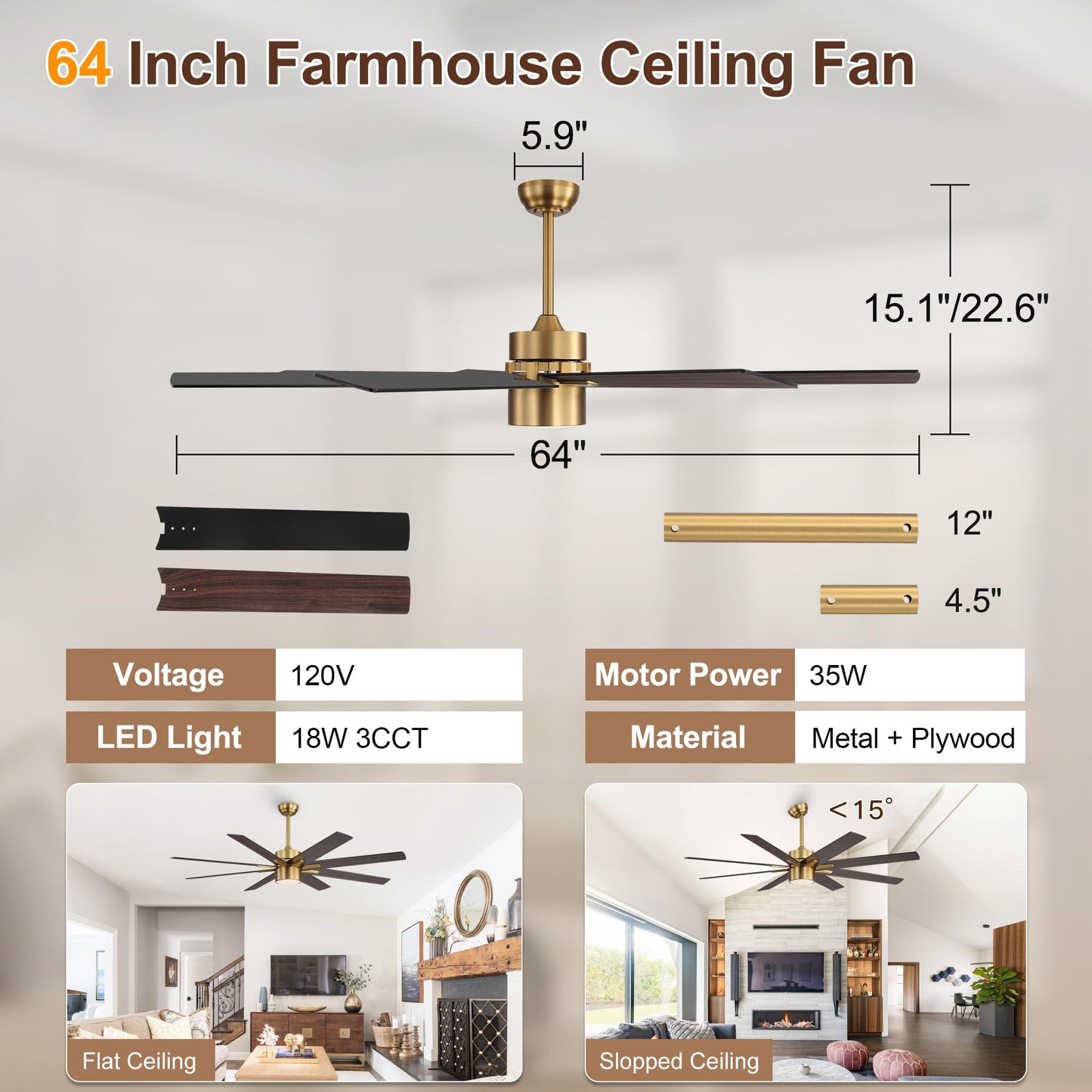 WINGBO 64 Inch Ceiling Fan with Light - 8 Plywood Blades, 6-Speed Reversible DC Motor, Noiseless Remote Control Ceiling Fans with Lights for Bedroom Living Room Kitchen, Gold and Walnut/Black