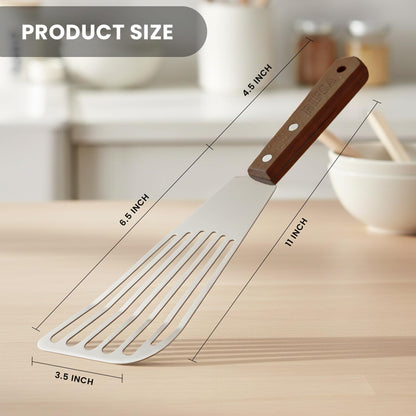 Fish Spatula Stainless Steel Pack of 2 | Slotted Fish Turners for Nonstick Cookware Elegant Silver Blade with Natural Walnut Wooden Handle, 11” Flexible Spatula for Home & Professional Cooking