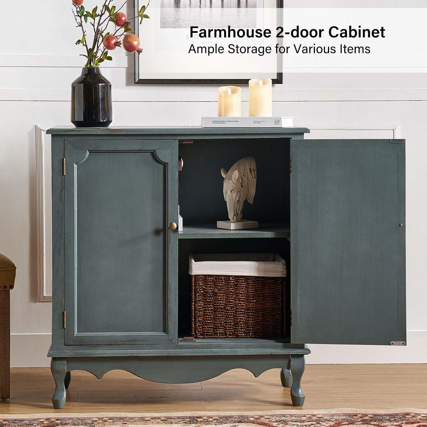 HULALA HOME Antique Accent Cabinet with 2 Doors, Buffet Cabinet with Storage, 2 Shelves Sideboard for Kitchen, Living Room, Blue