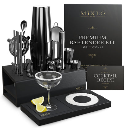 MIXLO HOME Mixology Bartender Kit - 22Pcs Bar Set Cocktail Shaker Set w Black Bar Cart Accessories Stand - Shakers Bartending Gun Metal Black Tools, 24oz Shaker, 17 Recipe Cards, Martini Barware