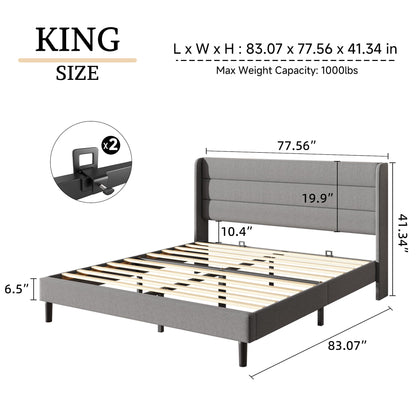 Mxhtcewz King Size Upholstered Platform Bed Frame, Modern Linen Fabric Bed with Wingback Headboard, Sturdy No Wobble, Noise-Free & Easy Assembly, No Box Spring Needed, Gray