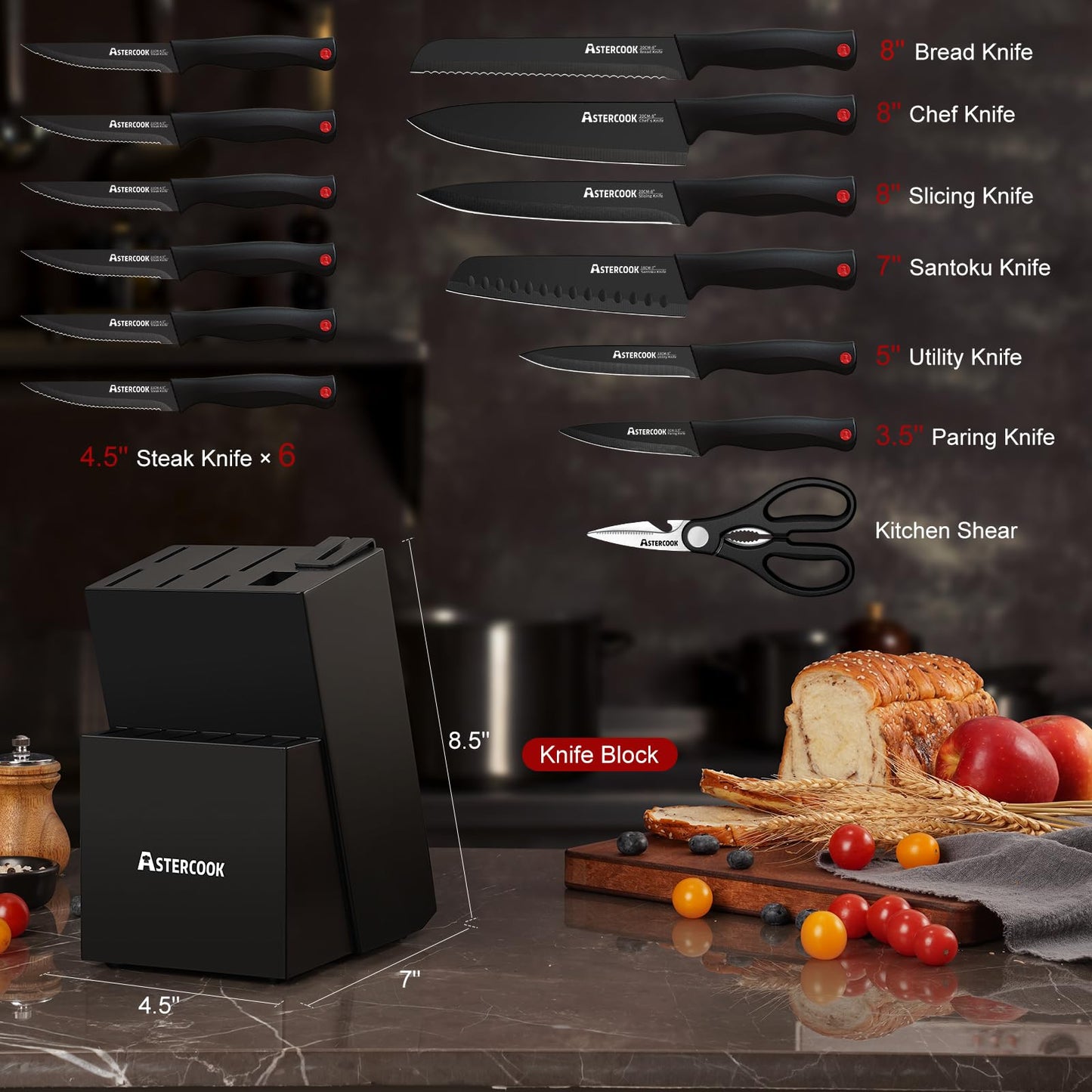 Knife Set, Astercook 15 Pieces Knife Sets for Kitchen with Block, Dishwasher Safe Kitchen Knife Set with Built in Sharpener Block, German Stainless Steel Knife Block Set, Mothers Day Gifts for Women