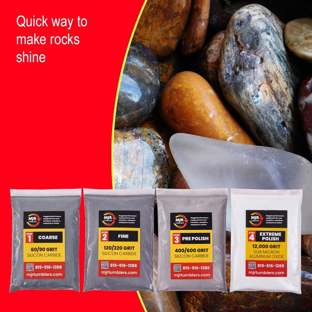 MJR Tumblers Rock Tumbler Grit Kit Refill for 15lb Tumblers, 4 Step Silicon Carbide & 12,000 Grit Aluminum Oxide Polish, Stone Polishing Kit for Rotary & Vibratory Rock Tumblers