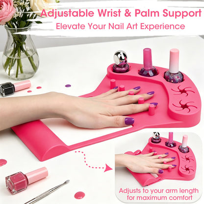 3-in-1 Silicone Nail Arm Rest & Nail Polish Holder for Manicure and Pedicure,Hand Rest Mat with Anti-Spill Bottle Stand & Finger Separators for Nail Art Tools,Fingernail Painting Accessories(Rose Red)