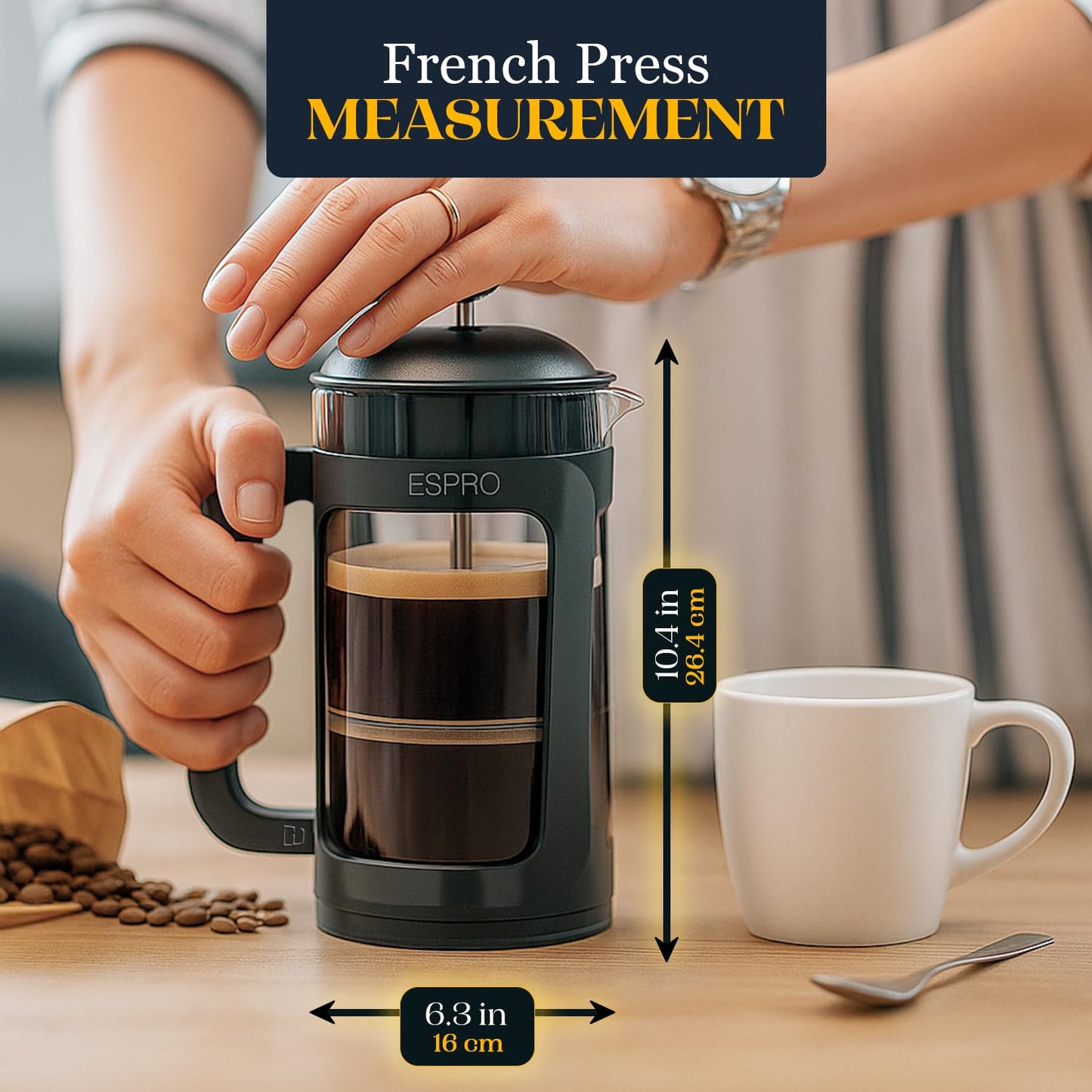 ESPRO Light P3 French Press Coffee Maker – Patented Double Micro-Filter for Grit-Free Brew, Heat Resistant thicker Borosilicate Glass Coffee press – (Black, 32 oz)