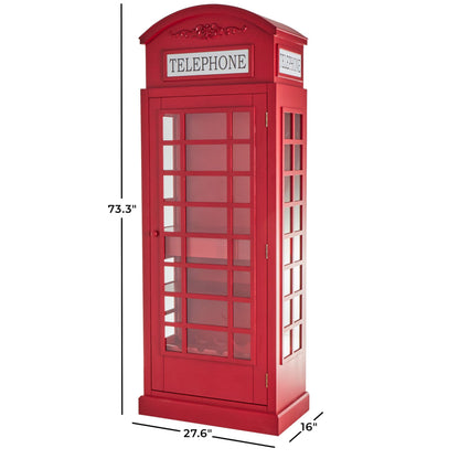 Deco 79 Wooden Telephone Standing Wine Rack Vintage London Booth 2 Shelf and 6 Bottle with Drawer Storage, 26" x 15" x 74", Red
