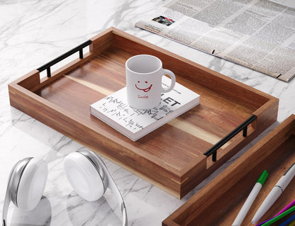 Fibogollo Acacia Wood Serving Tray with Metal Handles,17x12in Ottoman Decorative Trays Platter for Coffee Table,Living Room,Bar,Party(Large)
