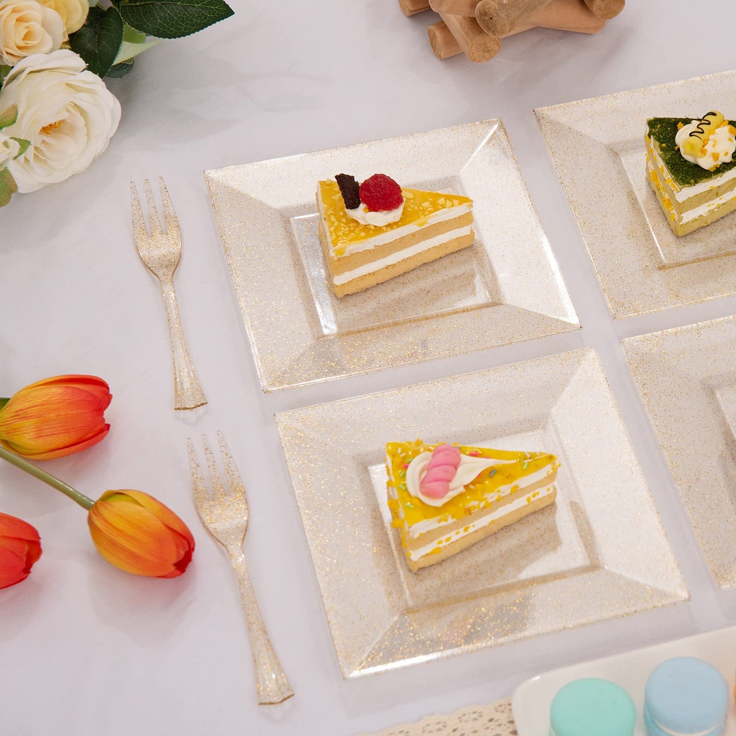 DaYammi 200Pcs Gold Dessert Plates Including 100Pcs Appetizer Plates 6",100Pcs Plastic Forks 5.7",Gold Glitter Plastic Square Plate for Party,Gold Salad Plate and Cake Forks for Party Wedding