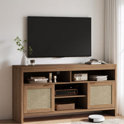 Boho TV Stand for TV up to 65 Inch,58"Modern Rattan Entertainment Center with Storage and Adjustable Shelves,Wooden Media TV Console Cabinet with Doors for Living Room/Bedroom/Apartment/Farmhouse(Oak)