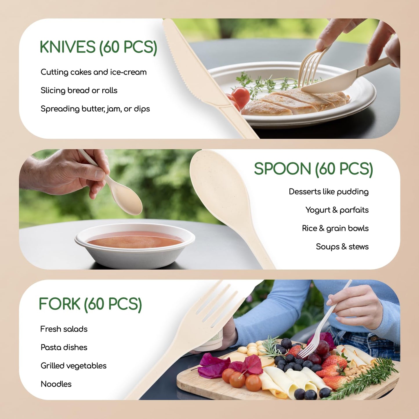 Living Balance Certified Compostable Cutlery 180 Pieces Set - CPLA 60 Forks, 60 Spoons & 60 Knives - Heavy Duty Flatware - Reusable, Zero Waste, Travel, Picnic, to Go & Kitchen Use - BPA Free