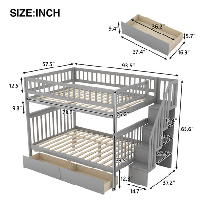 Favfurish Full-Over-Full Bunk Bed with Two Drawers and Storage,Wood Bed-Frame W/High Guardrail & Inclined Handrails,Bedroom Furniture for Children,Teens,Adults,Gray