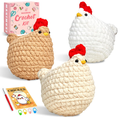 MAGIMUSE Crochet Kit for Beginners, Crochet Starter Kits for Adults Amigurumi Craft Knitting Crochet Animals Kits with Step-by-Step Video Tutorials, 3 Pcs Chicken (40%+ Yarn)