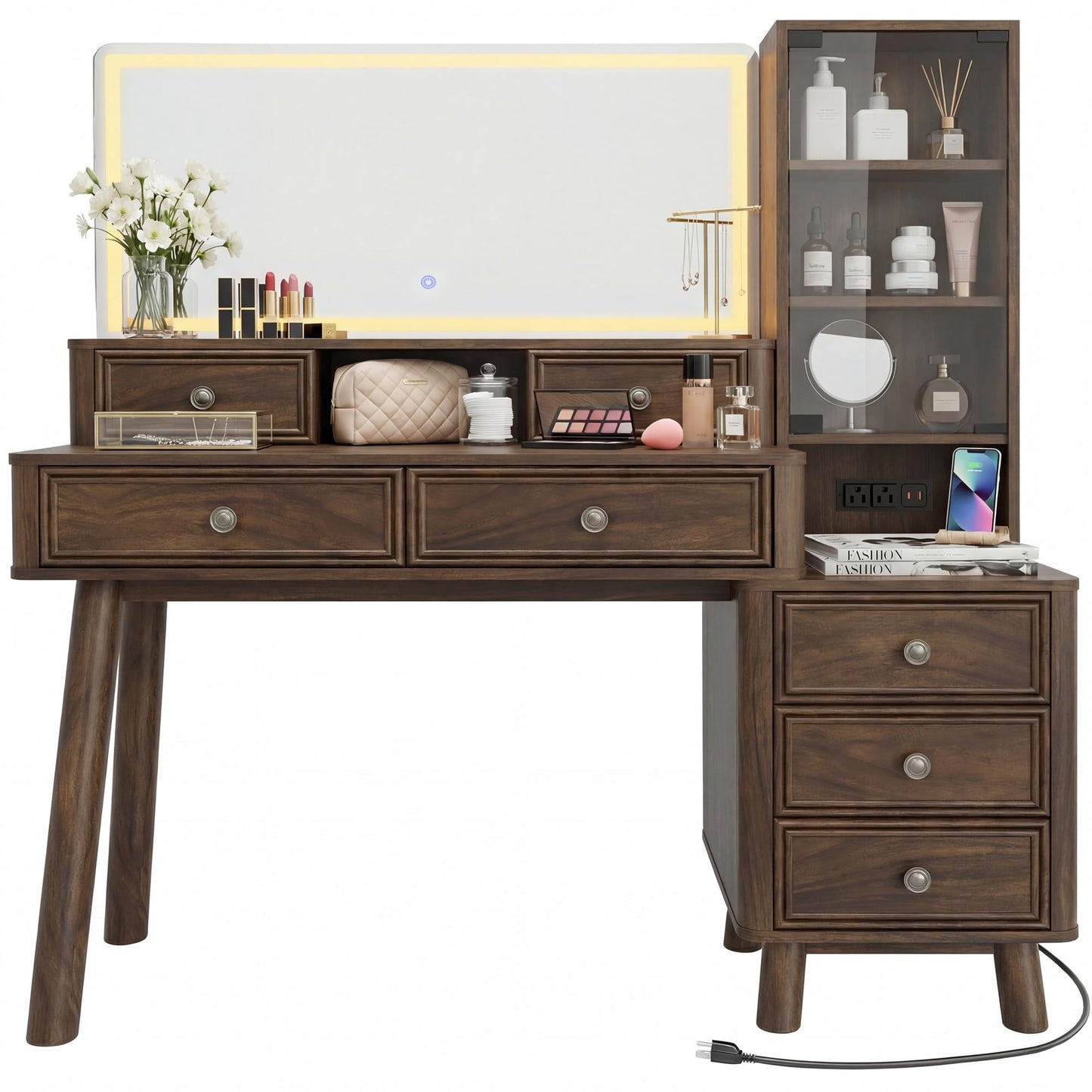 YESHOMY Makeup Vanity Desk with Large Mirror and LED Lights, with 7 Drawers & Charging Station, Dressing Table Set Modern Glass Storage Cabinet with Adjustable Shelves for Bedroom, Dark Walnut