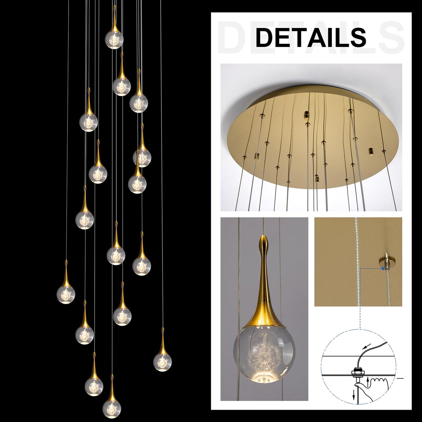 GINSENGLUX Gold LED Staircase Chandelier for High Ceiling, Gold LED Dimmable Remote, Modern Crystal Teardrop Long Hanging Pendant Light for Stairwell Living Room Entryway Stair Foyer, H118in 16 Lights