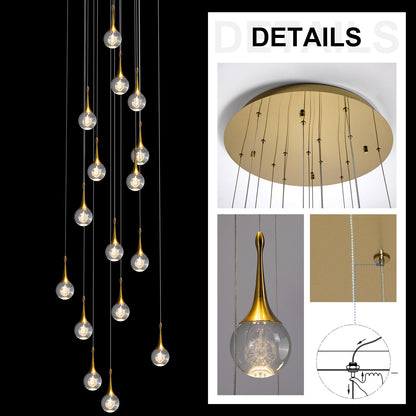 GINSENGLUX Gold LED Staircase Chandelier for High Ceiling, Gold LED Dimmable Remote, Modern Crystal Teardrop Long Hanging Pendant Light for Stairwell Living Room Entryway Stair Foyer, H118in 16 Lights