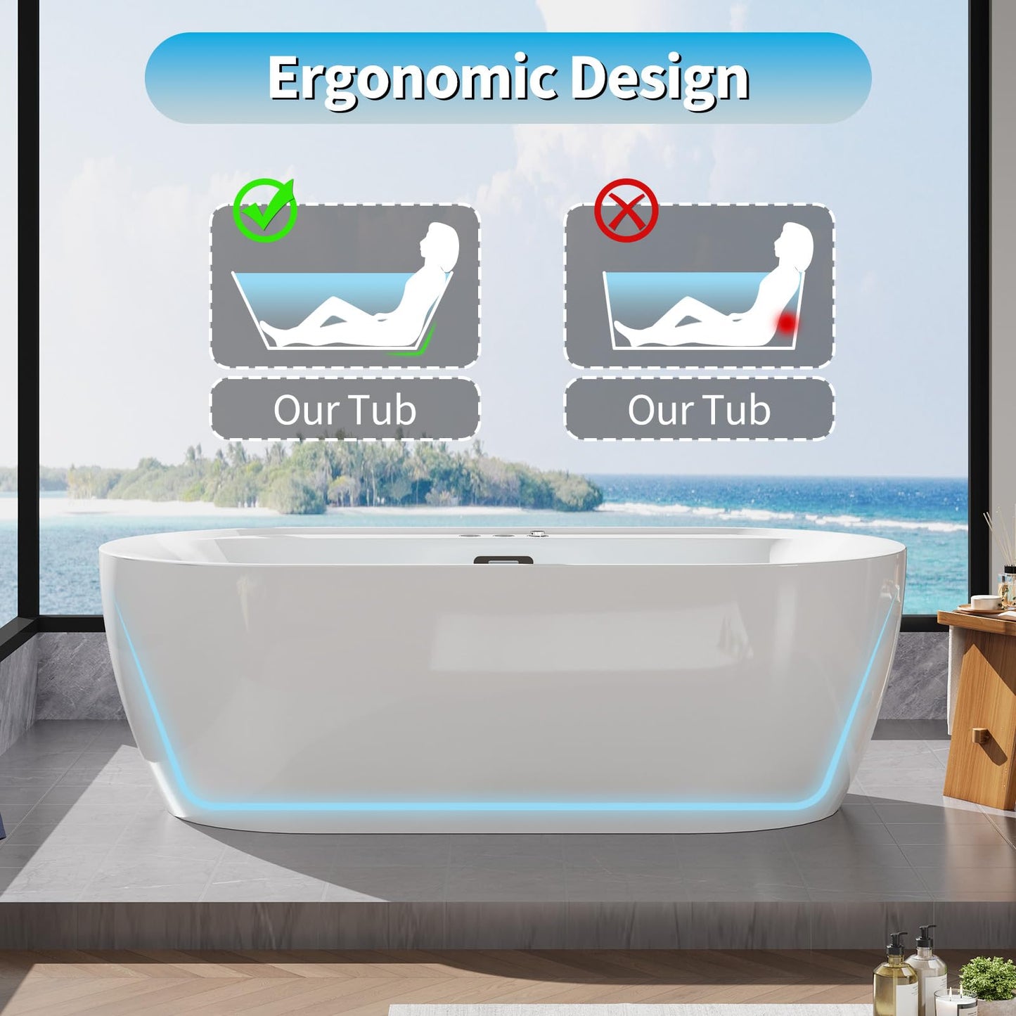 Jet Massage Freestanding Bathtub 71 inch Acrylic Soaking Tub with Bubble Jets and Manual Air Adjustment, Home Spa Bath for Relaxing Deep Water Massage