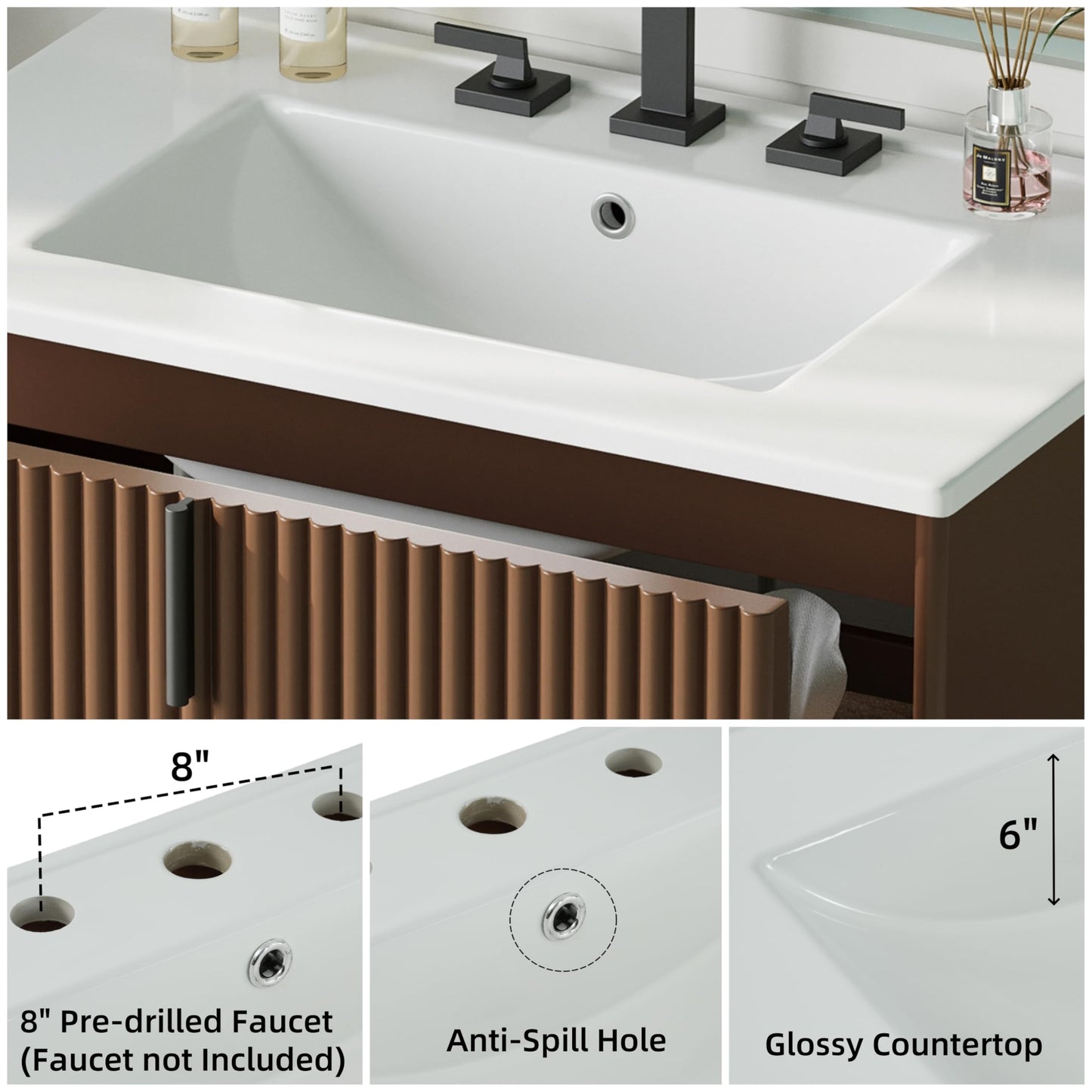 Merax 30" Freestanding Bathroom Vanity with Ceramic Sink, Equipped with Vertical Pulls, Full-Extension Drawers, Soft Close Drawer Slides, Fluted Design, Brown