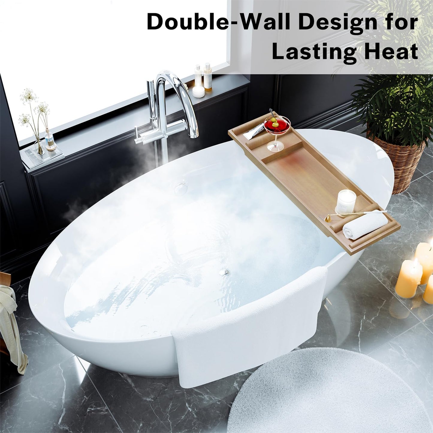 Empava Freestanding Bathtub, 71" Soaking Tub with Center Drain & Overflow – Acrylic Tub, Non-Slip Flat Bottom, Glossy White, cUPC Certified