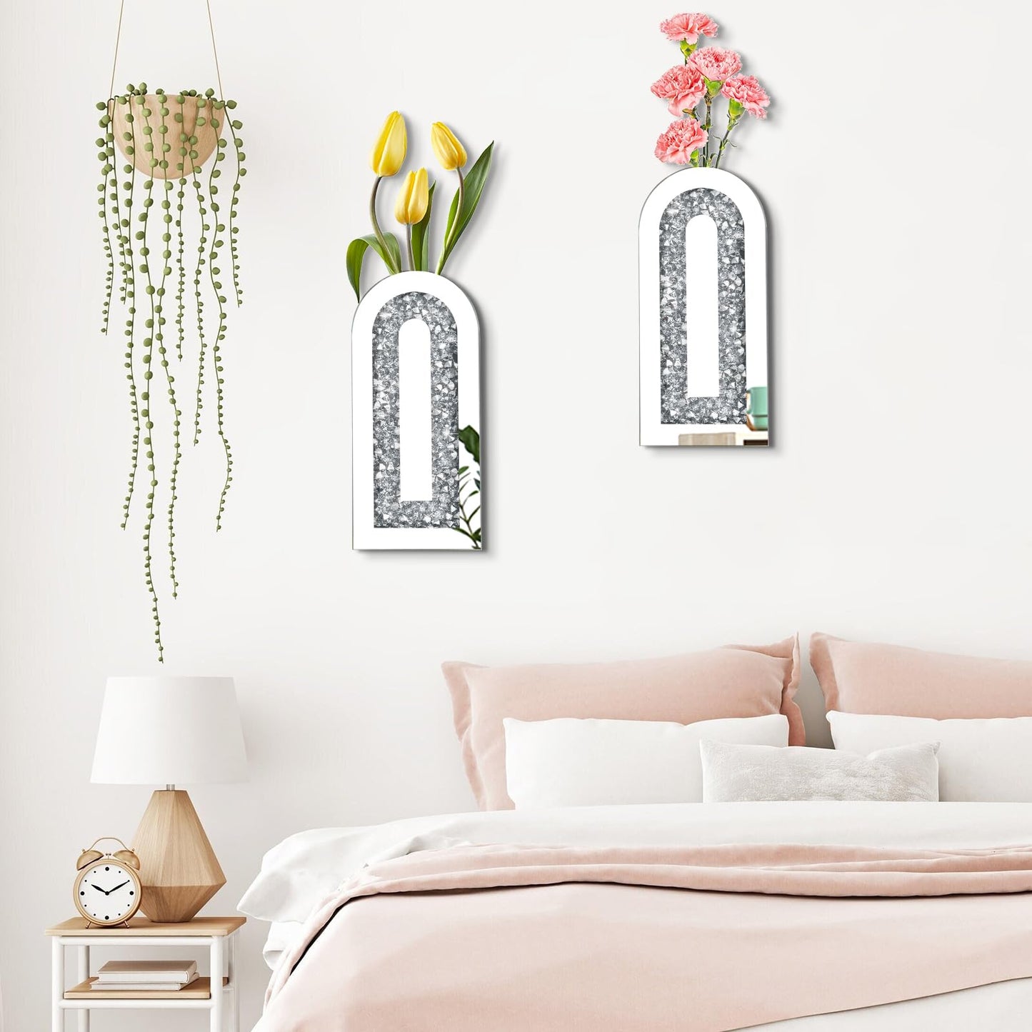 Azonsdop Silver wall Decor Mirrored Vase Set of 3,Crystal Crush Diamond Flower Vase,Stunning Decorative Glass Hanging Planter & Container for Home Wall Decor.Befit for Faux Plants.Can't Hold Water.