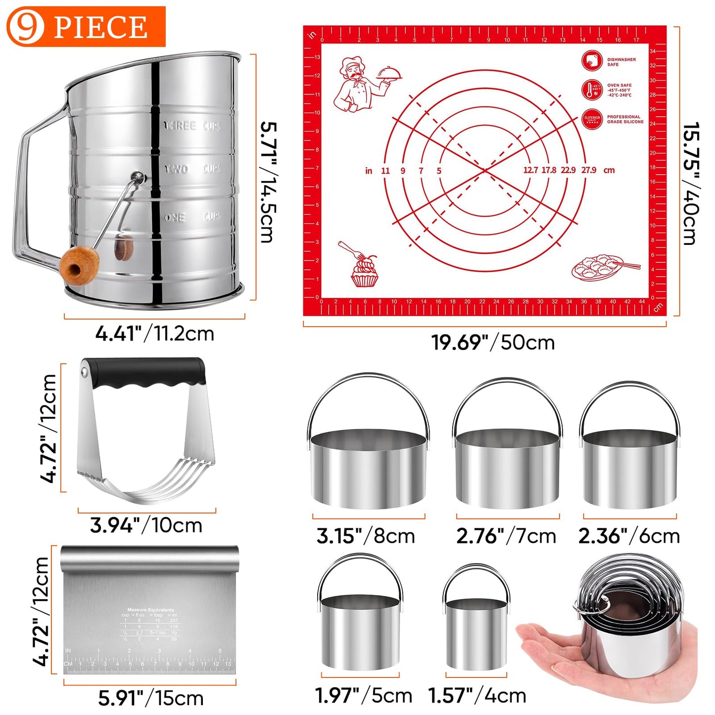 9PCS Stainless Steel Pastry Blender Set, 3 Cup Flour Sifter, Biscuit Cutter, Pastry Cutter, Dough Cutter, Silicone Baking Mats, for Cooking Cookies and Donuts, Cakes, Biscuits or Making Pancakes