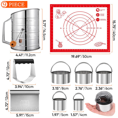 9PCS Stainless Steel Pastry Blender Set, 3 Cup Flour Sifter, Biscuit Cutter, Pastry Cutter, Dough Cutter, Silicone Baking Mats, for Cooking Cookies and Donuts, Cakes, Biscuits or Making Pancakes