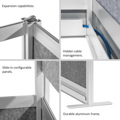 Stand Up Desk Store Workflow Wide Modular Wall | 53'' x 70'' Wall | Expandable Partition Room Divider with Rearrangeable Frosted Acrylic, Sound Absorbent and Whiteboard Panels (Silver Frame)