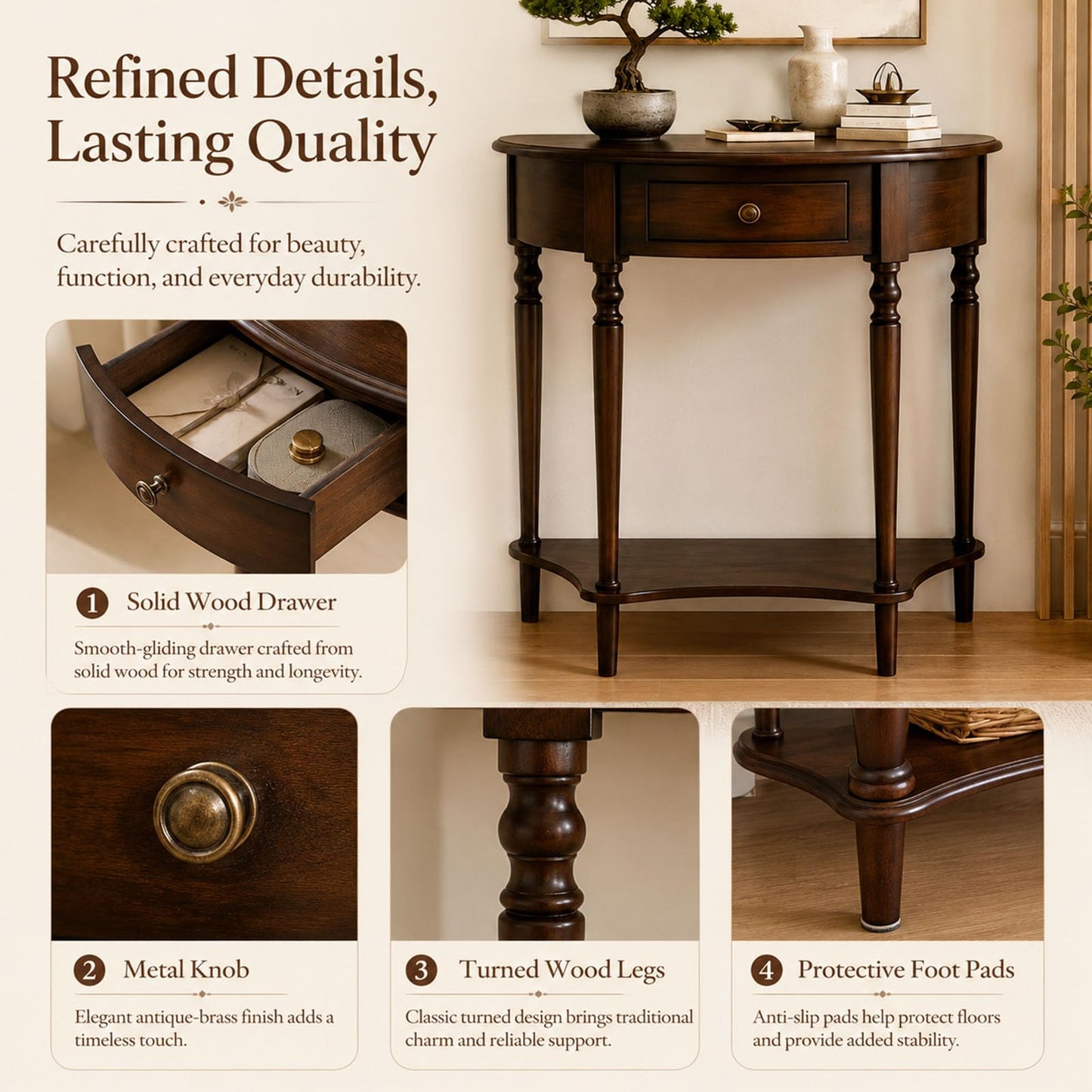 YNVHKFN Half Moon Console Table - Solid Wood Entryway Table with Drawer & Shelf, Narrow Sofa Table for Hallway, Curved Accent Table for Living Room, Foyer, Small Space Storage Table