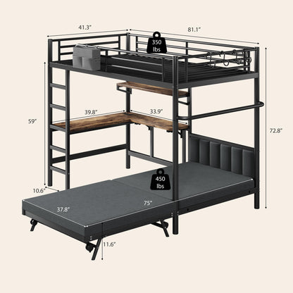 Twin Loft Bed with Matteress, Heavy Duty Metal Bunk Bed Frame with Pull-Out Folding Bed and Desk, Dual-Access Bed, Charging Station, 2-Tier Adjustable Shelves, Safety Guard Rail & Ladder (Dark Black)