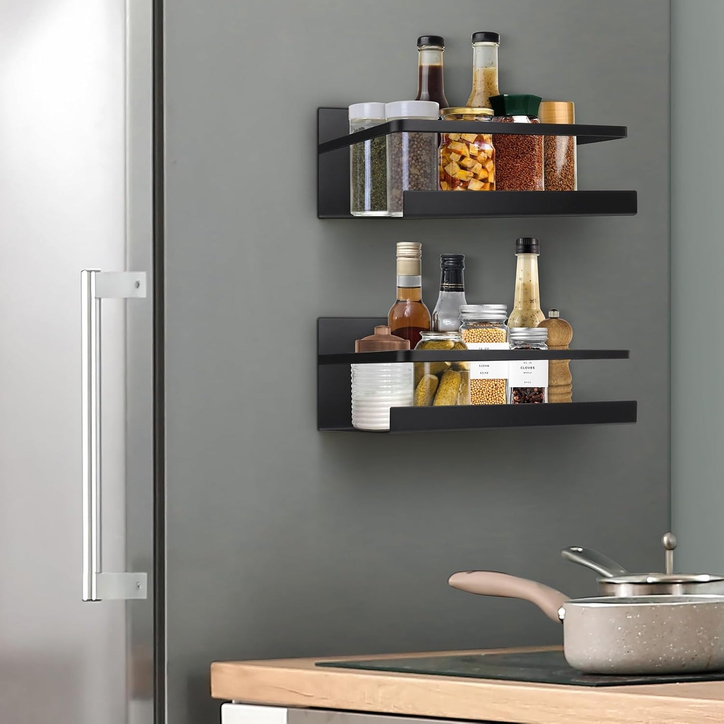 Magnetic Spice Rack Organizer, 2 Pack Magnetic Shelf for Refrigerator with 4 Hooks for Spice Jars Kitchen Storage
