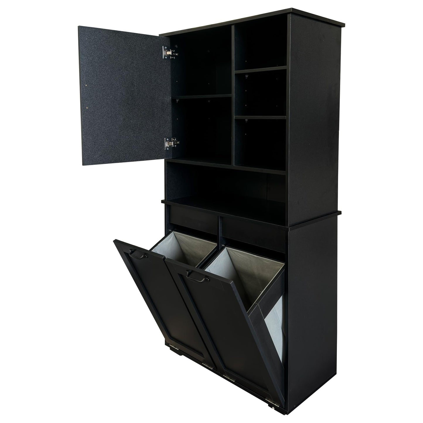 Roomfitters Tilt Out Laundry Hamper Cabinet with Hutch Modern Black Wooden Bathroom Storage Pantry Linen Tower, Black