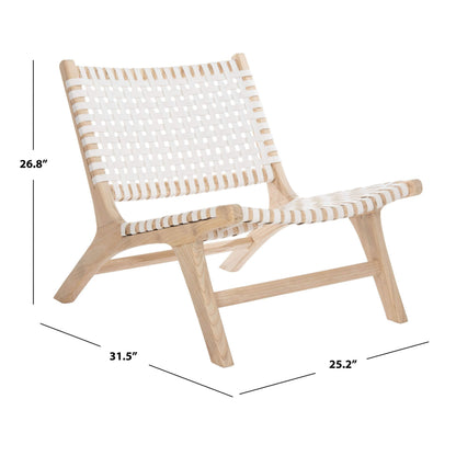 SAFAVIEH Home Collection – Luna Natural Solid Wood & White Leather Woven Accent Chair, Contemporary Lounge Chair, Fully Assembled (ACH1002A)