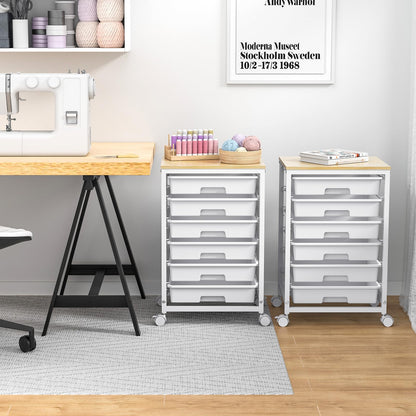 SYKIARIOL Rolling Cart with Drawers,Utility Cart with 6 Drawers,Rolling Storage Cart with Drawers and Wooden Tabletop & Lockable Wheel,White